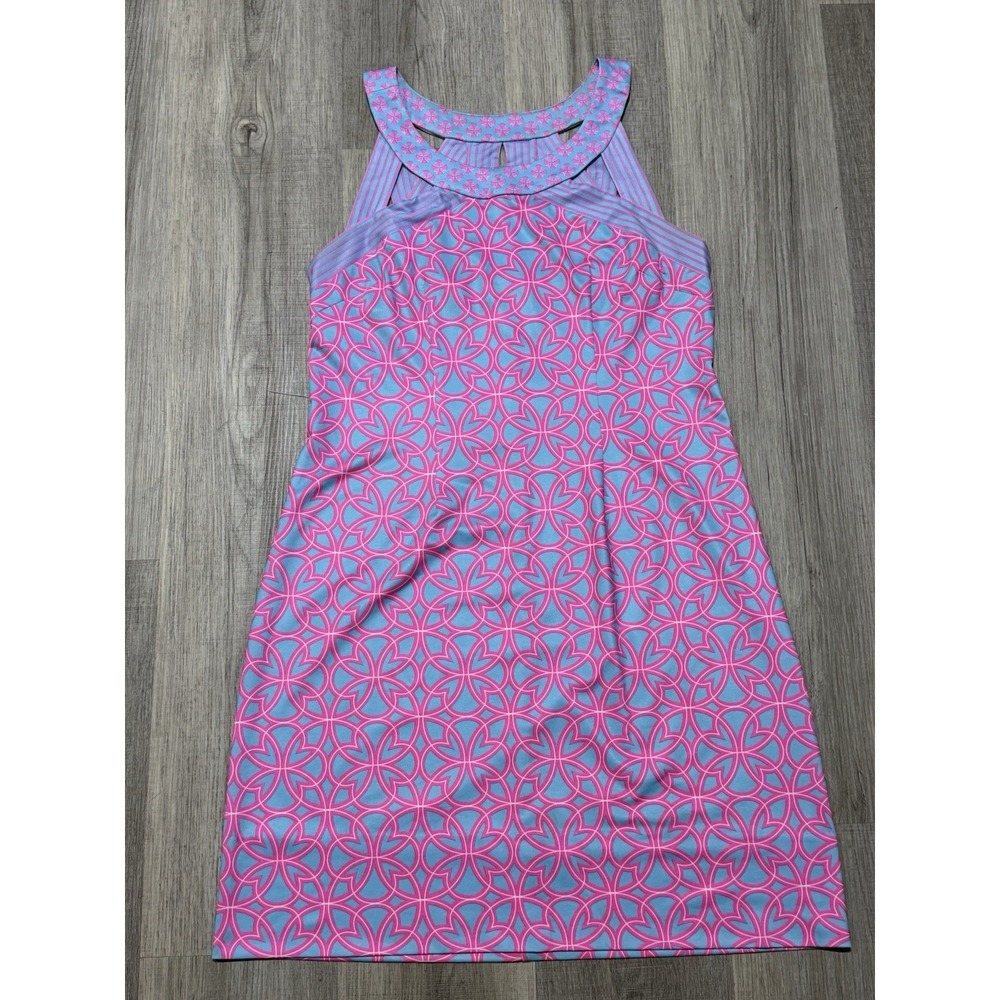 Gretchen Scott Dress Large Pink Isosceles Jersey Geometric Print Halter Cut Out